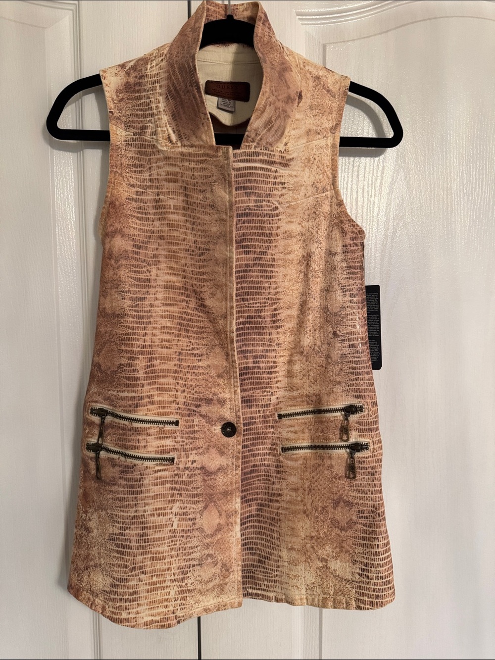 Guess Tan Brown Snake-Print Sleeveless Zip Vest
